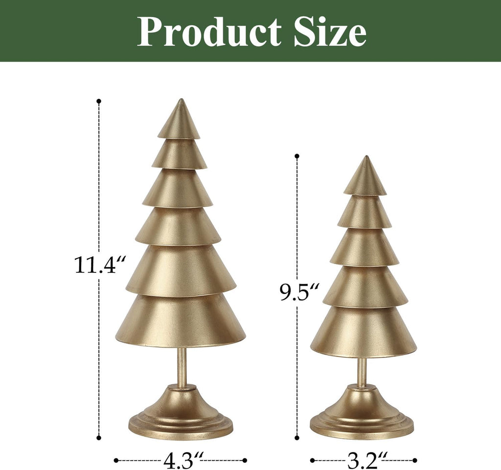 Small Christmas Tree Figurines Set of 2, Gold Tabletop Decor