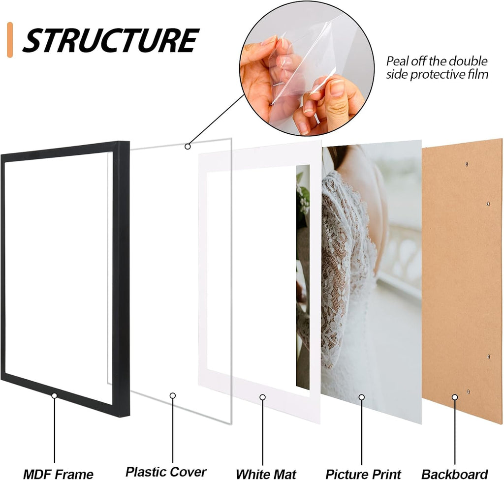 Picture Frames Set, 15 Pack Wall Frame Set in 3 Different Finishes with Mat for Multiple Sizes Photos, Three 8x10