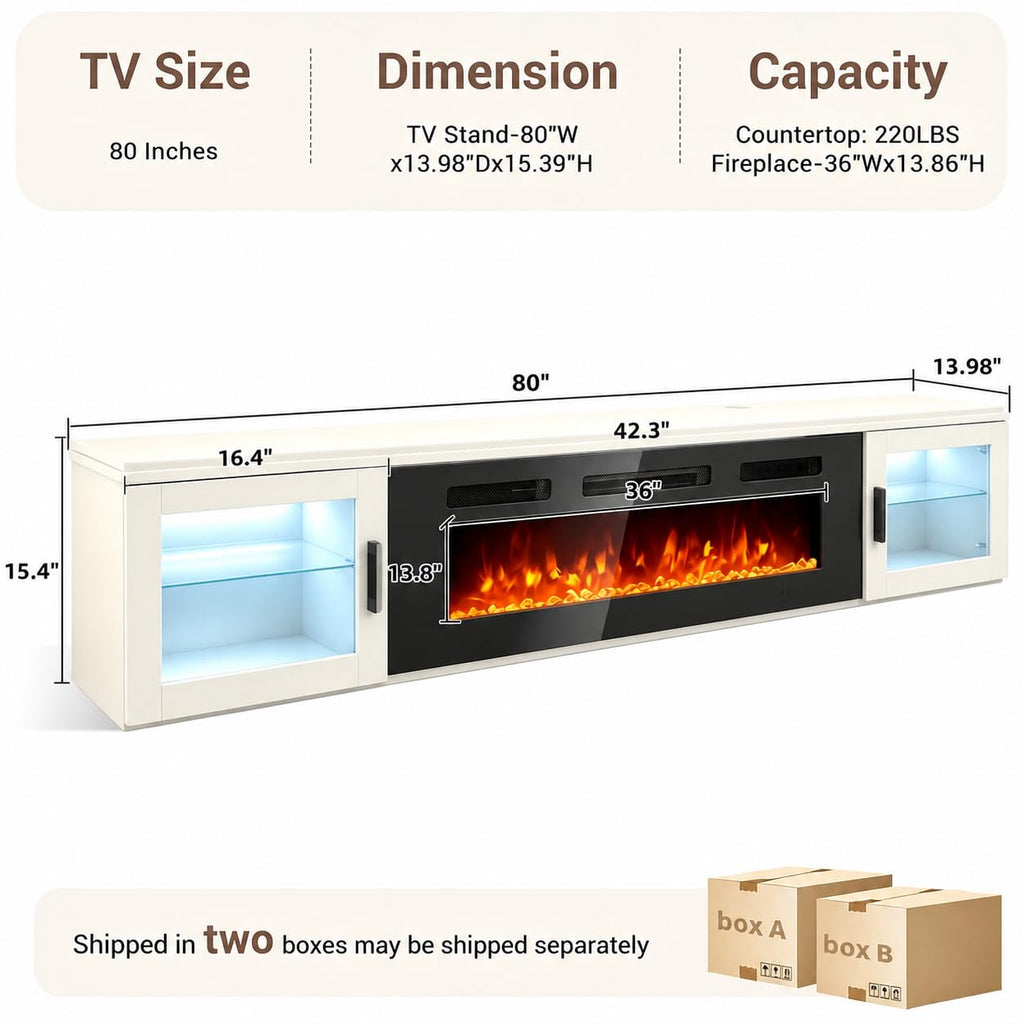 80" Floating TV Stand with 36" Electric Fireplace, White & Black