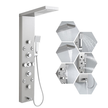 6 in 1 Rainfall Waterfall Shower Panel Tower System, Brushed