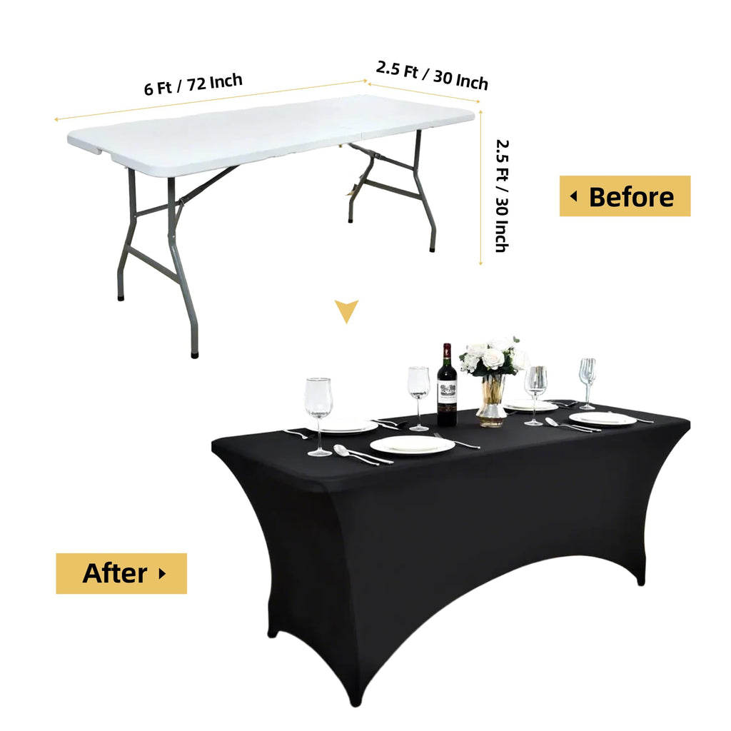 6-Pack 6ft Black Spandex Table Covers for Rectangle Standard Folding Tables - Wrinkle Resistant Stretch Tablecloths