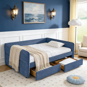 Queen daybed with 2 Drawers, Queen Corner Bed, Upholstered Bed Frame with 2 Drawers for Kids,Teens,Adults, Boucle, Blue