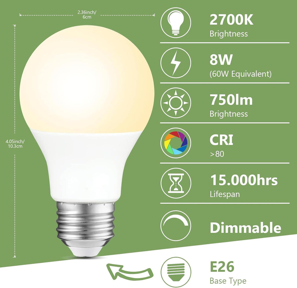 A19 LED Light Bulbs Dimmable,60W Equivalent 750 Lumens, 2700K Soft White, E26 Base, 15,000-Hour Lifespan, 8W Energy