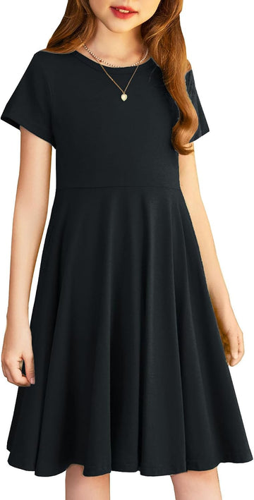 Girl's Summer Dresses Short Sleeve Casual Holiday Skater Twirl Dress with Pockets