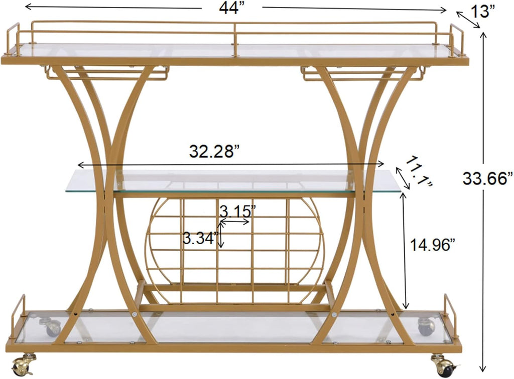 Gold Bar Carts with Glass Holders & Wine Rack,3 Tier Home Bar Serving Carts with Glass Shelves,Metal Rolling Bar