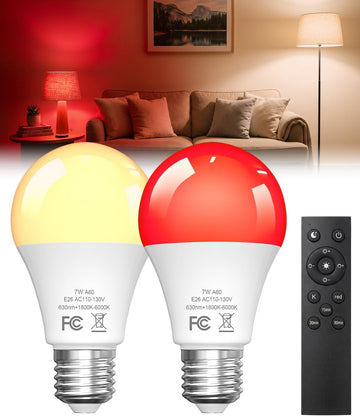 E26 LED Red Light Bulbs For Sleep With Remote Control, Blue Light Blocking Bulb, 630nm+1800k- 6000k Dimmable Screw