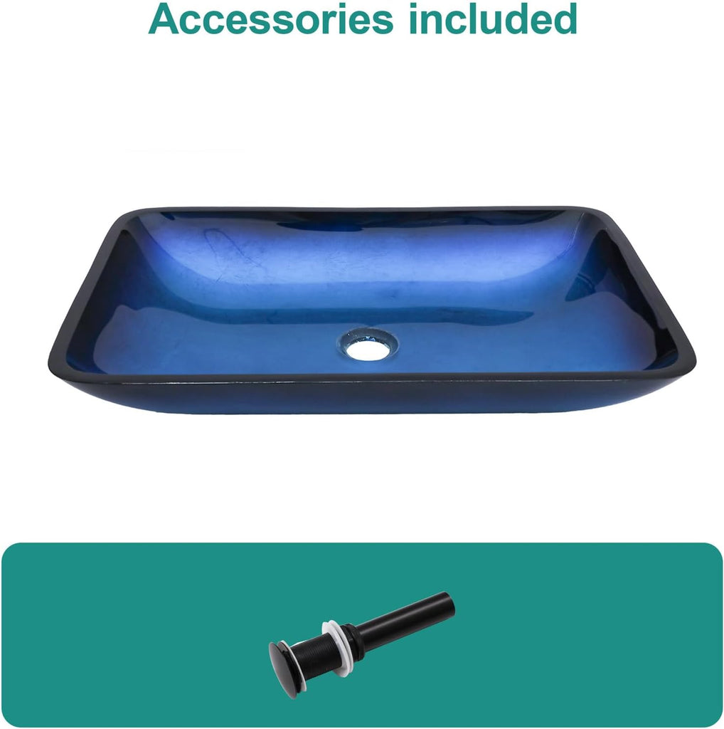 22"×14.25" Vessel Sink, Bathroom Sink Above Counter Amber Blue Gradient Tempered Glass Bowl Square Sink for