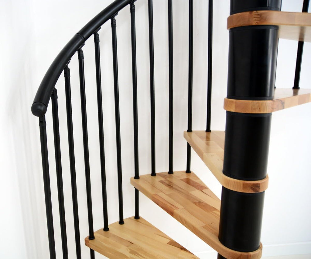 Austrian Indoor Spiral Staircase, Beech Wood Lacquered Steps, Aluminum Handrail & Steel Spacers Railing in 3 Colors