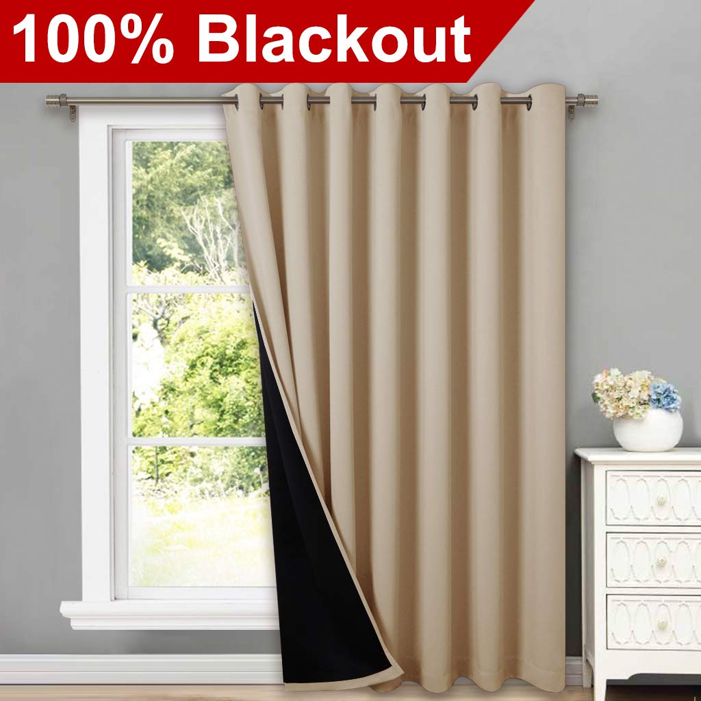 Thermal Insulated 100% Blackout Curtains, Noise Reducing Performance Slider Curtain Panel with Black Lining, Full