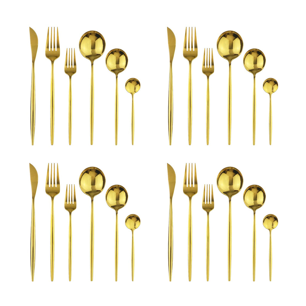 24Pcs Gold Mirror Silverware Flatware Set, 18/0 Stainless Steel Cutlery Set Utensils Kitchen Dinnerware Include Knife