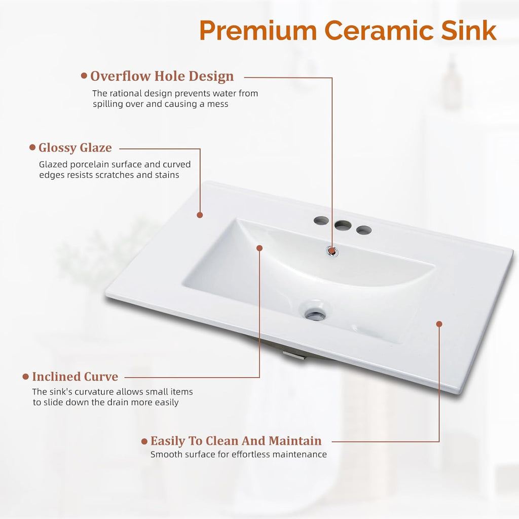 30 Inch Bathroom Vanity with Sink, Mid-Century Modern Vanity with Ceramic Basin and Fluted Soft-Close Doors