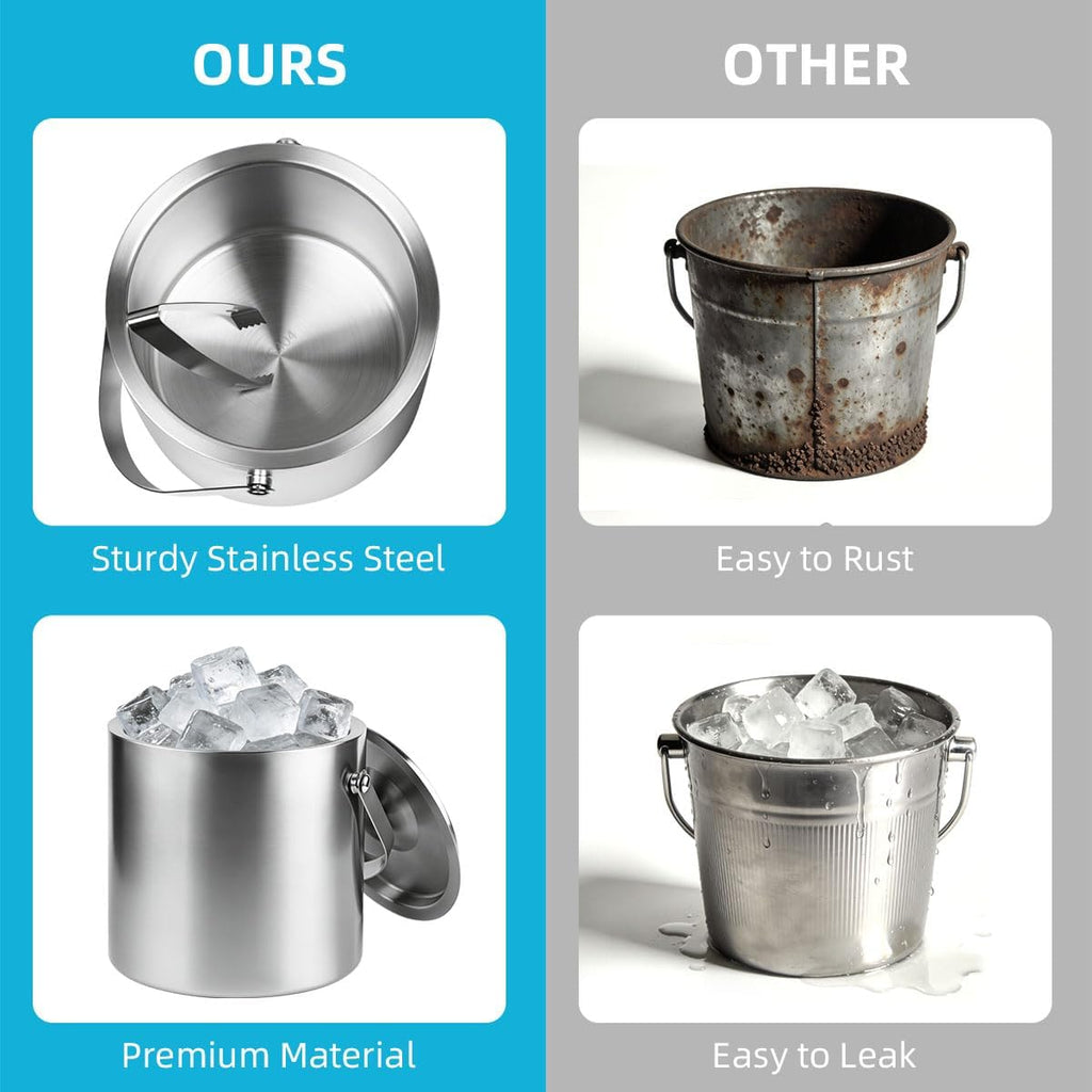 4L Double-Wall Stainless Steel Ice Bucket with Lid & Tongs