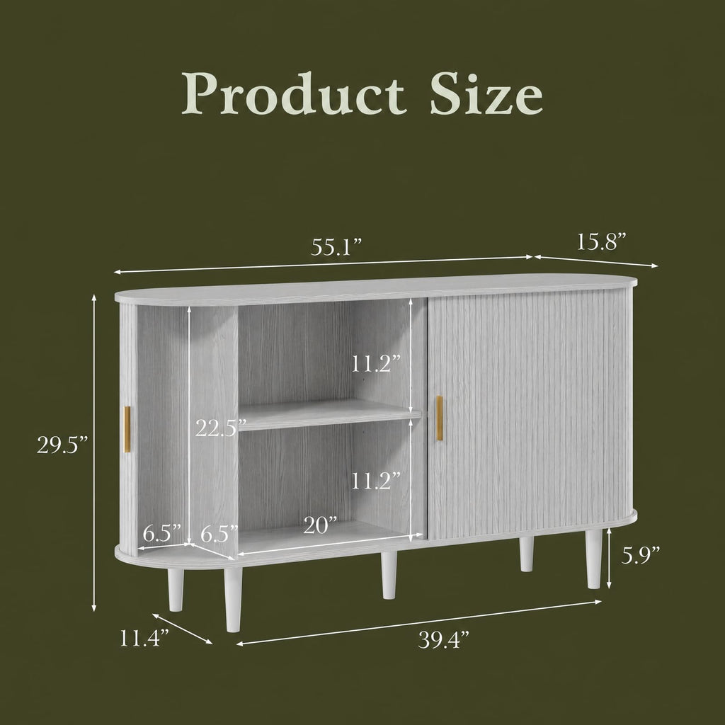Sideboard Buffet Cabinet with Storage, 55 Inch Mid Century Modern Fluted Credenza with Sliding Door & Adjustable
