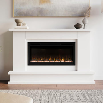 Patton White Mantel Package 64" W x 42" H with 42 Inch Electric Fireplace - 5 Flame Colors, 10 Ember Bed Colors, Log