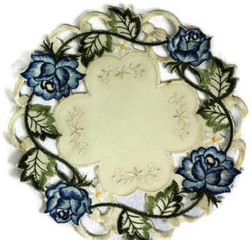 Round Doily with a Blue Rose on Ivory Material, Size 7 inches