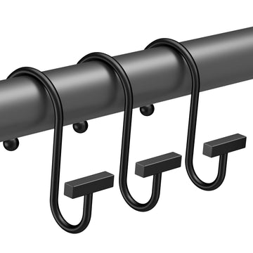 Shower Curtain Hooks, Black Shower Curtain Rings Rust Proof, 12PCS Shower Hooks for Shower Curtain, T-Bar Design