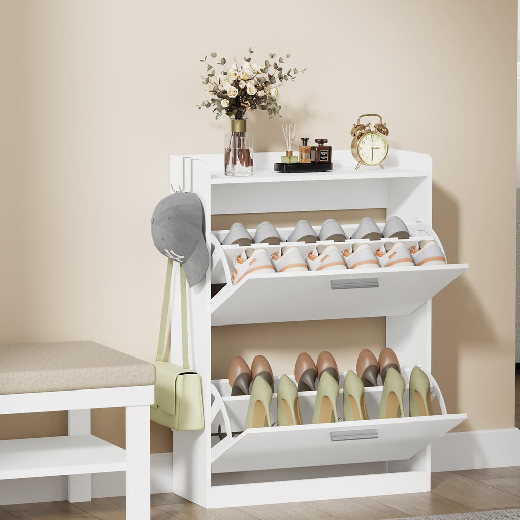 Shoe Storage Cabinet with 2 Flip Drawers, 23.6" W White