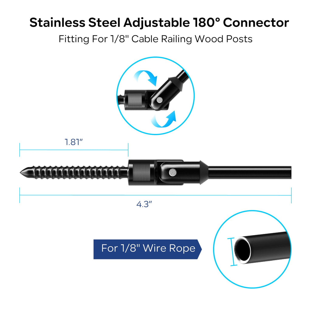 Black Cable Railing Hardware, 180° Angle Swage Lag Screws, 20 Pack