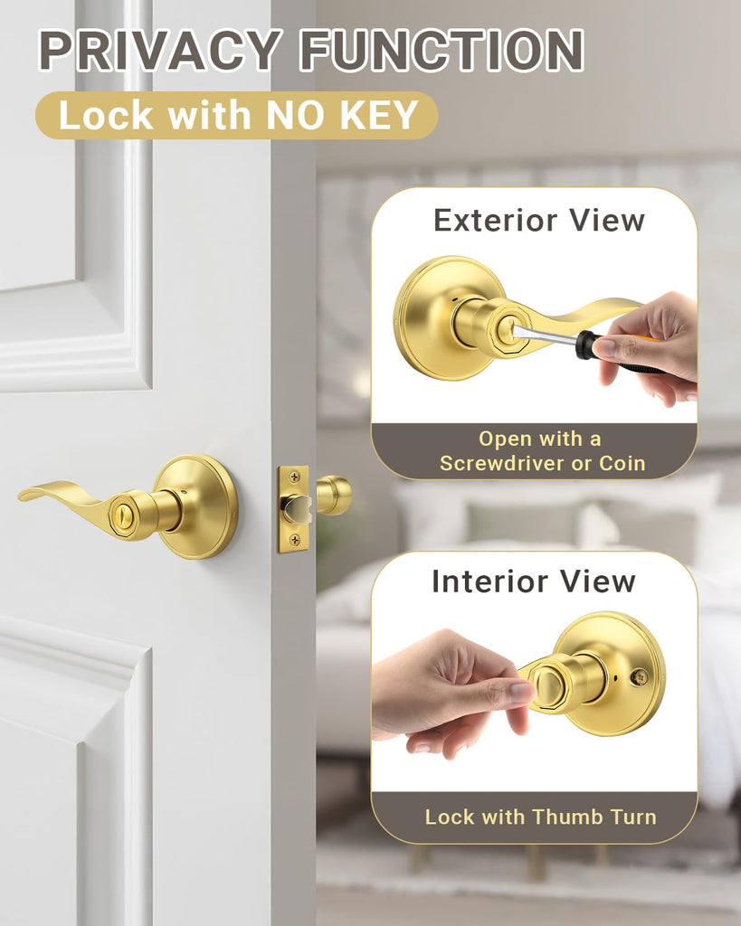 1 Pack Gold Door Handle Interior Privacy Doorknob Bedroom Door Handle with Lock, Reversible for Left and Right