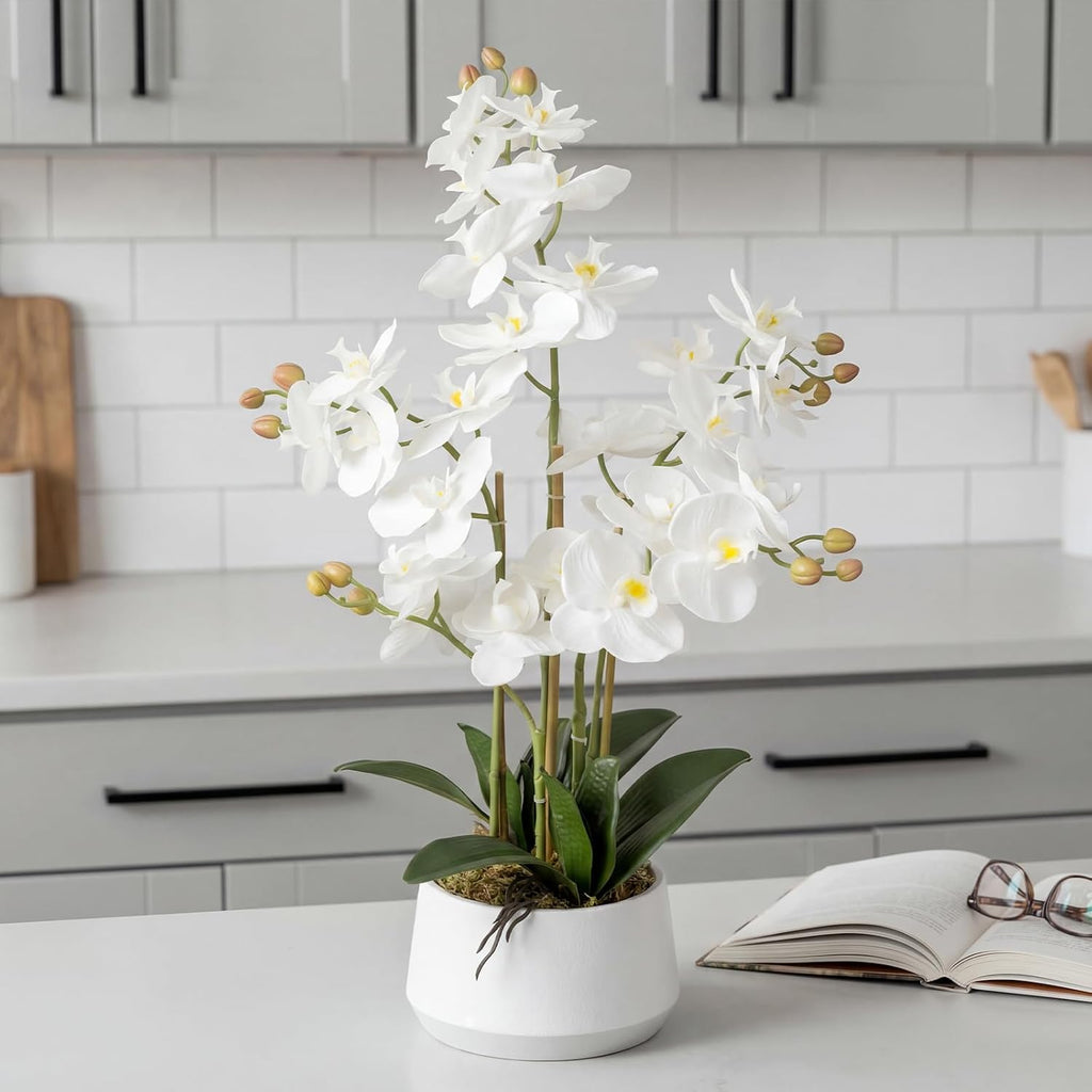 Artificial Orchid Flower Potted,1.5FT White Real Touch Orchid Artificial Flowers with 3 Stems Artificial Phalaenopsis