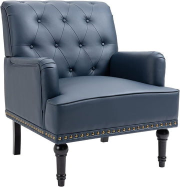 PU Leather Accent Chair, Mid-Century Armchair Living Room Sofa Chair with Rubber Wood Leg, Club Chair with Rivet Trim