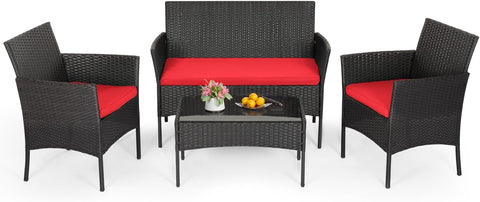 Patio Furniture Set 4 Pieces Outdoor Rattan Chair Wicker Sofa Garden Conversation Bistro Sets for Yard,Pool or Backyard,Red Cushions A106-B0CKQXSHNF