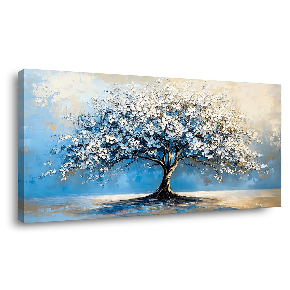 Contemporary Tree of Life Wall Art Office Navy Blue White Floral Canvas Painting Prints Nature Artwork over the Couch