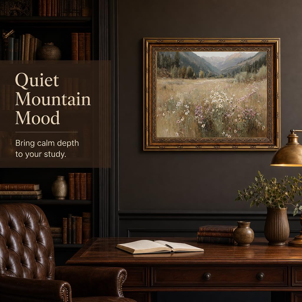Vintage Landscape Gold Framed Wall Art Wildflower Meadow & Mountain Painting, Soft Neutral Cottagecore scenery Canvas