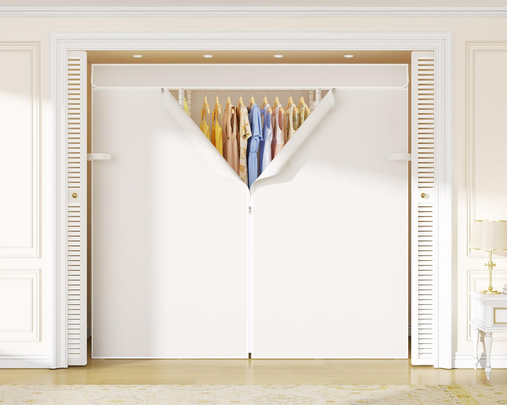 E3C White Clothes Rack with Beige Cover, Heavy Duty Garment Rack
