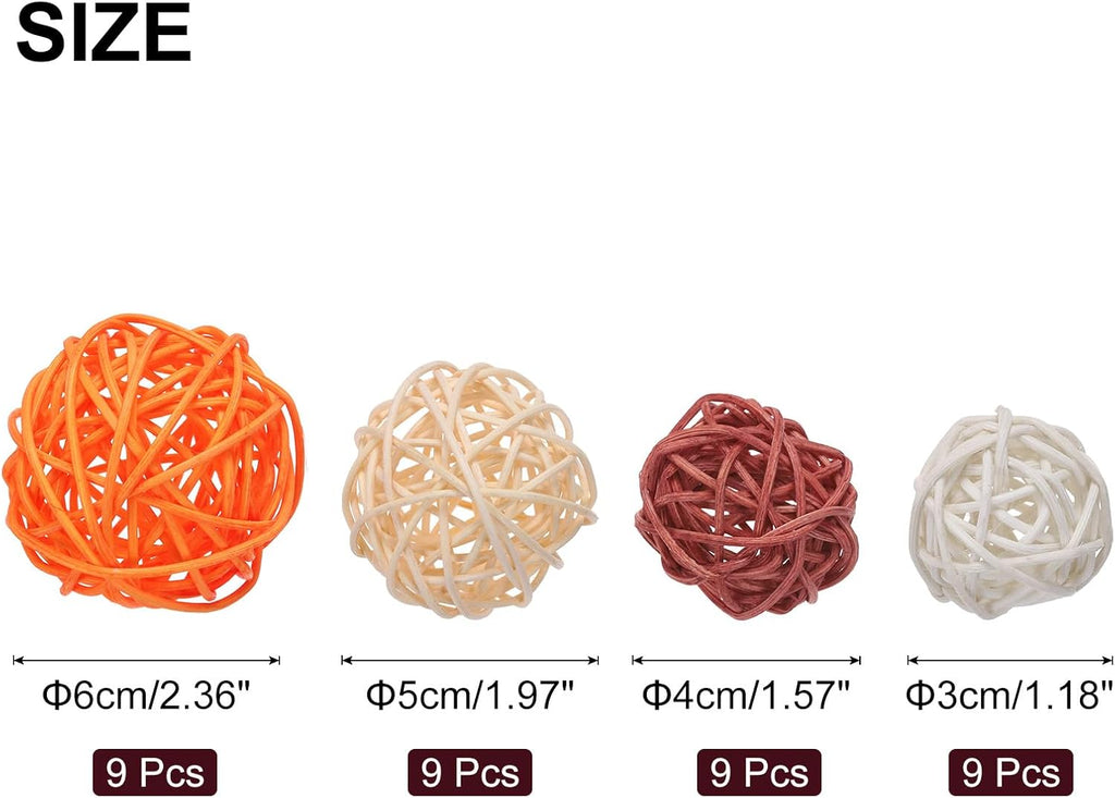 Vase Filler Decorative Balls, 2.4/2/1.6/1.2" Orange/Beige/Brown/White Wicker Rattan Decor, Balls Bowl Fillers - Set of 36