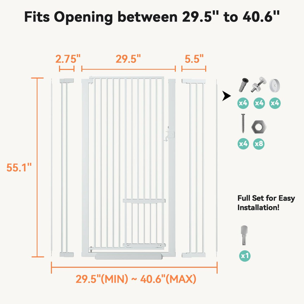55.1" Extra Tall Pet Gate, 29.5-40.6" Wide with Adjustable Cat Door