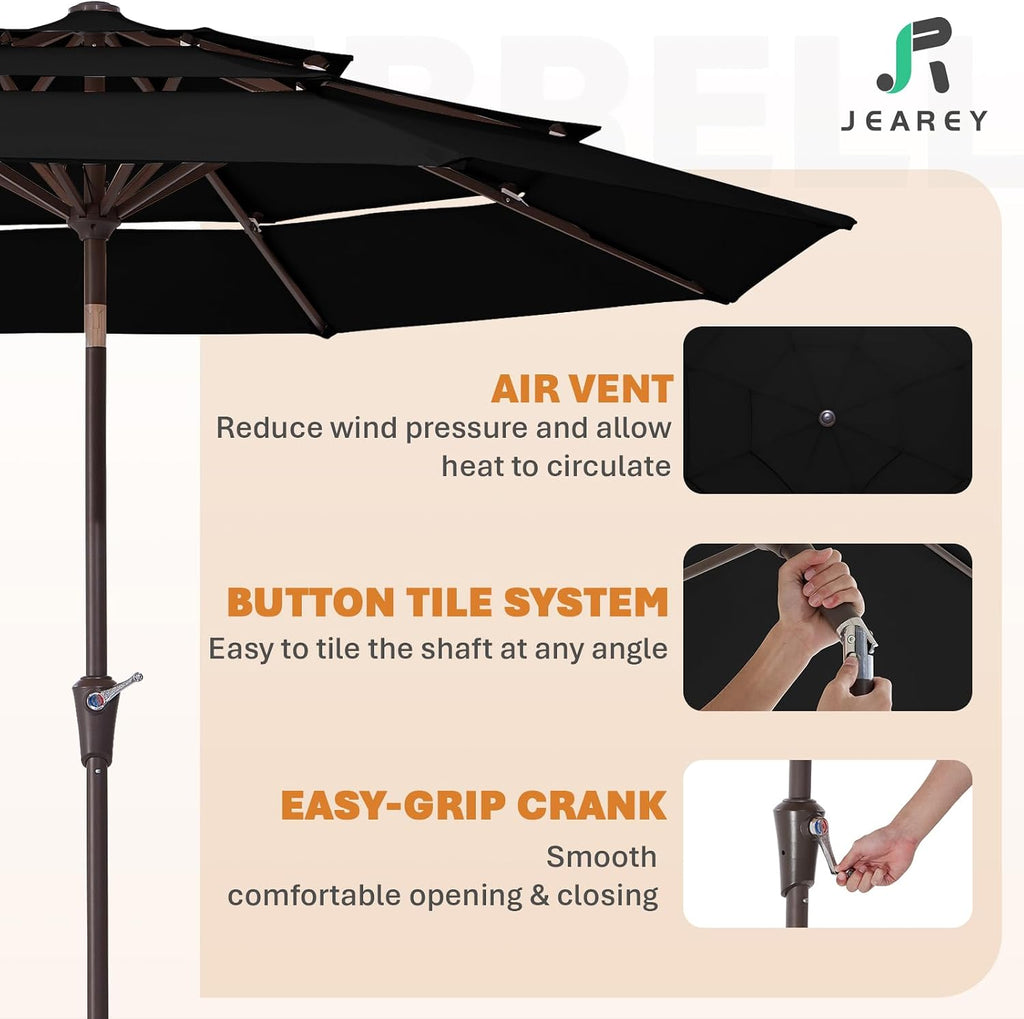 9FT 3 Tier Patio Umbrella Outdoor Market Umbrella Table Umbrellas with 8 Ribs 1.5 Pole Push Button Tilt and Crank UV - B