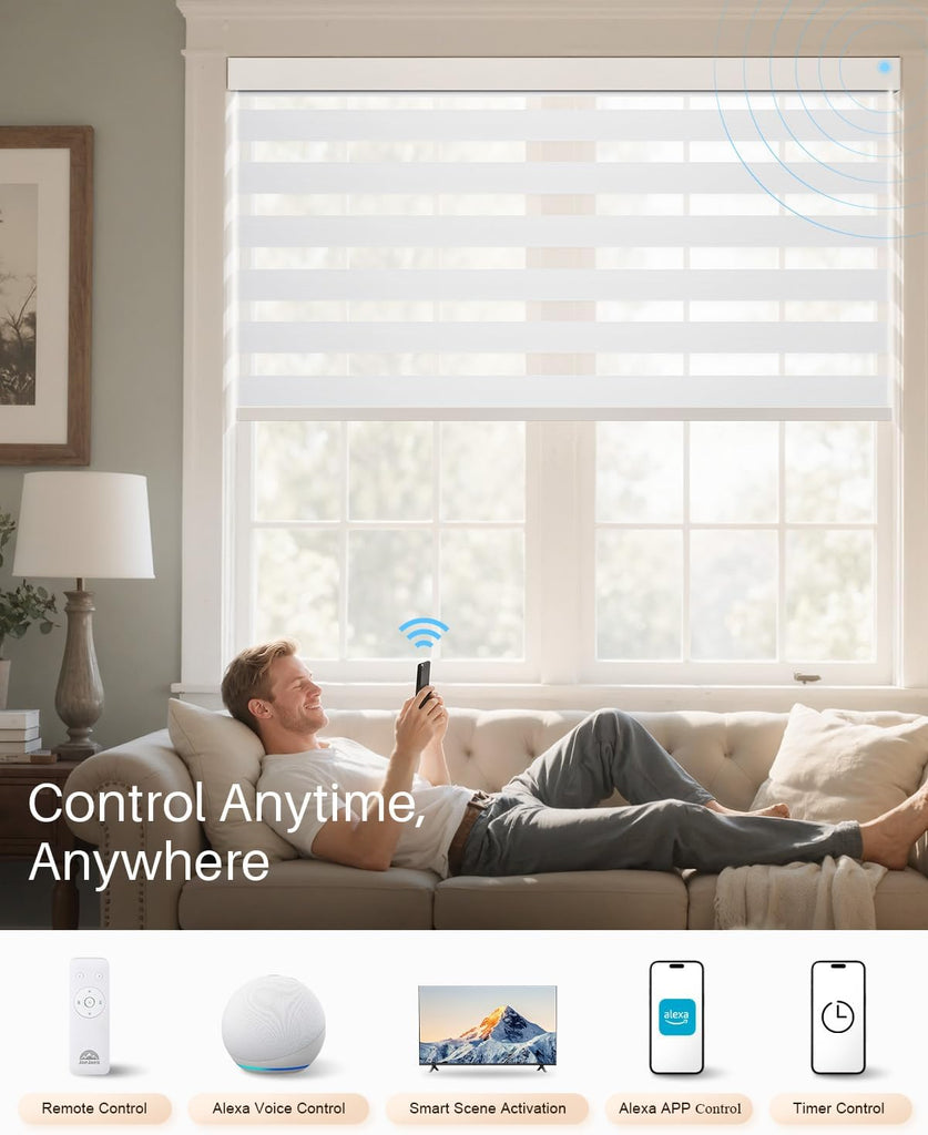 Smart Zebra Blinds for Windows, Alexa Motorized Blinds with Remote Control, Automatic Electric Power Zebra Shades for