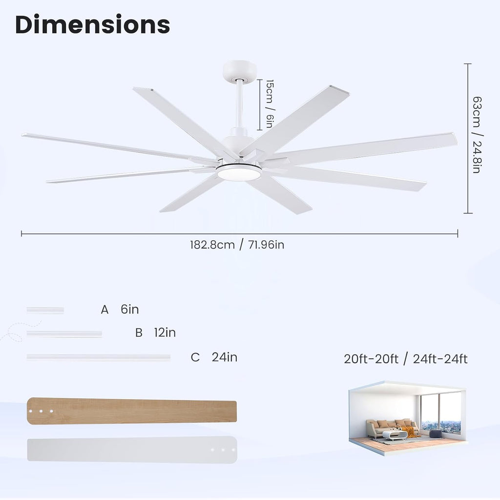 72 inch Large Ceiling Fans with Lights and Remote, Indoor/Outdoor White Ceiling Fan