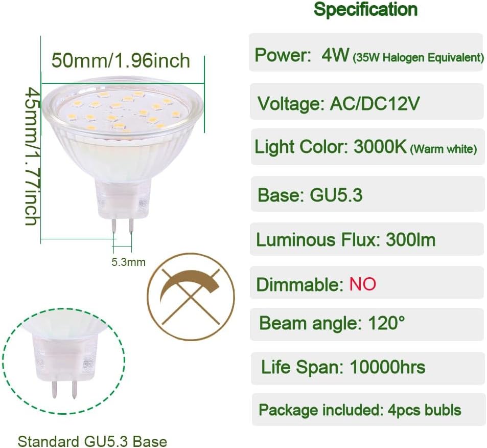 MR16 Led Light Bulbs AC/DC12V Non-dimmable GU5.3 4W led Spotlights 3000K Warm White 300LM 35W Halogen Bulbs