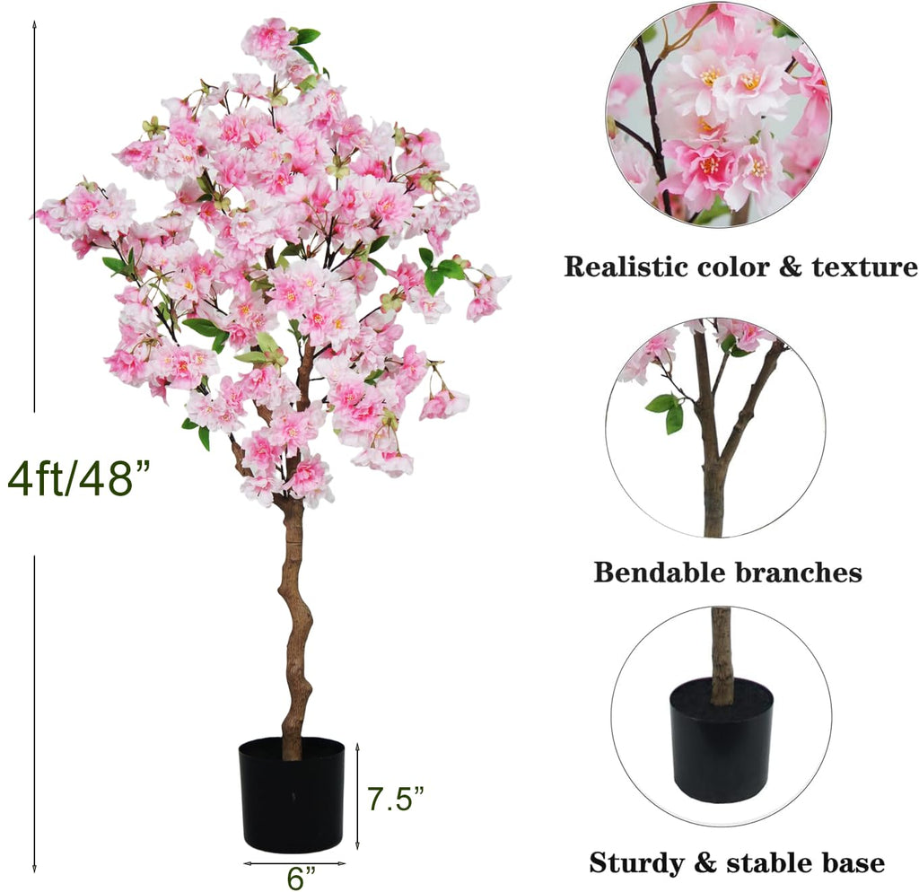 4FT Artificial Cherry Blossom Tree, Pink Faux Flower Tree in Pot