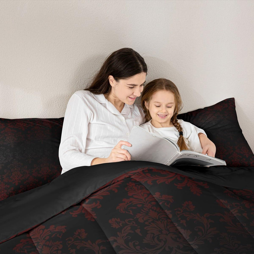 Black Red Damask Bedding Sets Full Size, Antique Victorian Baroque Boho Reversible Down Comforter Breathable Polyester