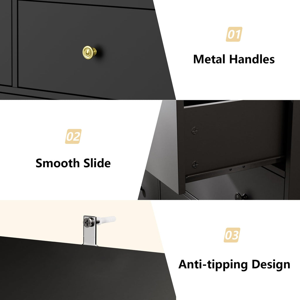 Black 7 Drawer Dresser, 55'' Wide Wood Chest of Drawers with Gold Handles, Modern Large Dressers Organizer, TV