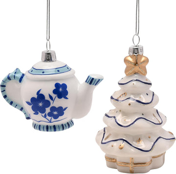 Set of 2 Blue & White Glass Baubles - Elegant Teapot & Christmas Tree Hanging Decorations for a Chinoiserie-Inspired