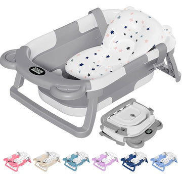 Collapsible Baby Bathtub, Baby Bath Tub with Soft Cushion & Real-Time Thermometer, Baby Bathtub Infant to Toddler Tub