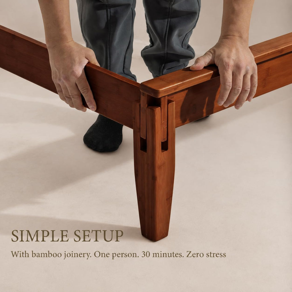 Bed Frame, Japanese Joinery Bed Frame, Bamboo Wood Platform Bed with Noise Free Wood Slats and Metal