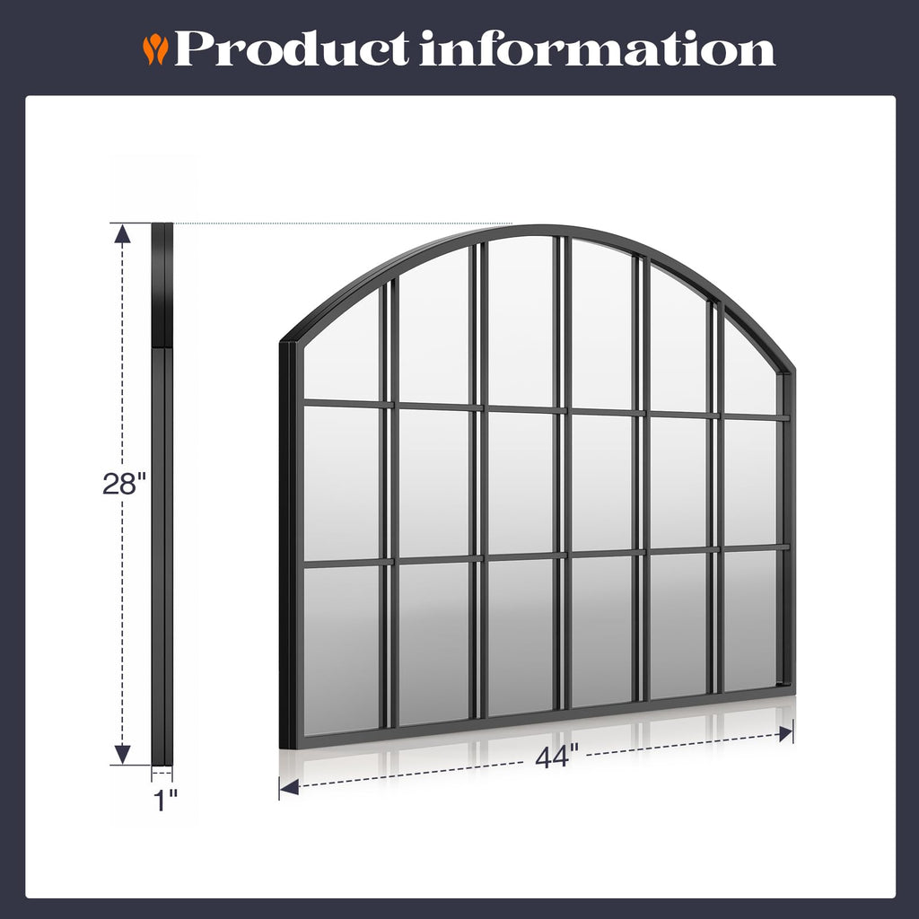 Wide Window Pane Mirror, 44" x 28" Black Arched Mirror for Wall