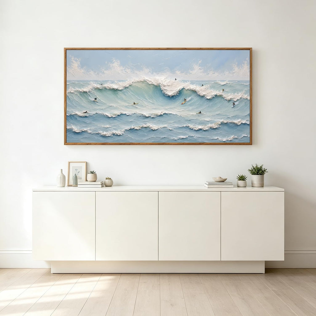 3D Textured Blue Coastal Surfing Framed Canvas Wall Art 40x20 Inch