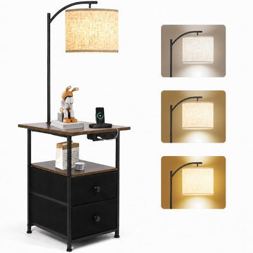 Floor Lamp with Table & 2 Drawers, End Table with Lamp, Rustic Brown