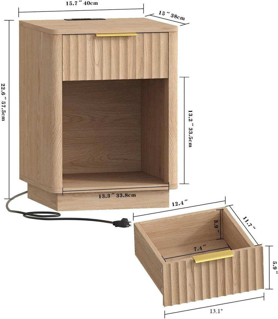 Fluted Nightstands Set of 2, Wooden Night Stand with Charging Station and LED Light, Modern Mid Century Bed Side End
