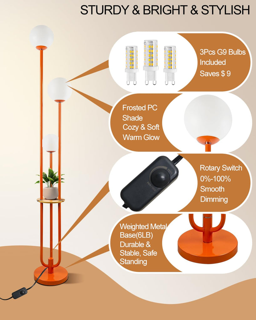 Dimmable 3-Light Globe Floor Lamp with Storage Shelf, Orange Mid Century Modern Standing Lamp, 3PCS 3000K Warm White