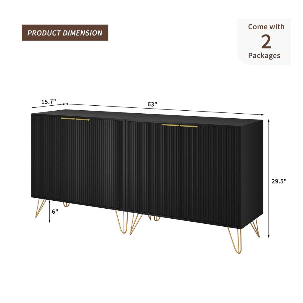 Fluted TV Stand for 63 Inch TV with 2 Storage Cabinets, Black丨Modern TV Stand, Entertainment Center with Adjustable