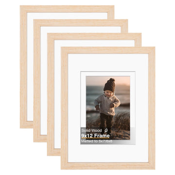 9x12 Picture Frame White Oak Solid Wood Set of 4, Mat 5x7 / 6x8