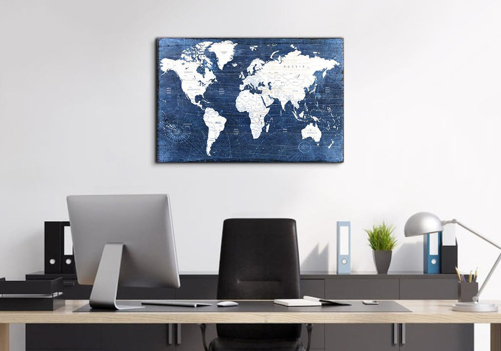 Large World Map Wall Art Office Wall Decor Retro Blue World Maps Decorations, Vintage Modern Map of World for Wall