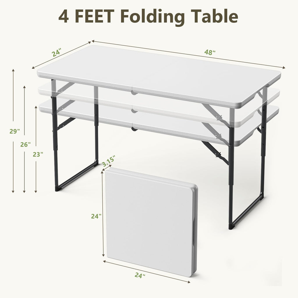Folding Table and Chairs Set for 4, 4FT Adjustable Height Plastic Folding Table with 4 Foldable Chairs, Portable